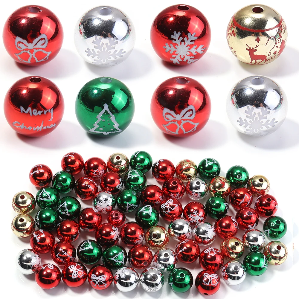10pcs 16mm Christmas Acrylic Beads Red Green Round Beads Loose Spacer Bead For DIY Jewelry Making Bracelet Necklace Accessories