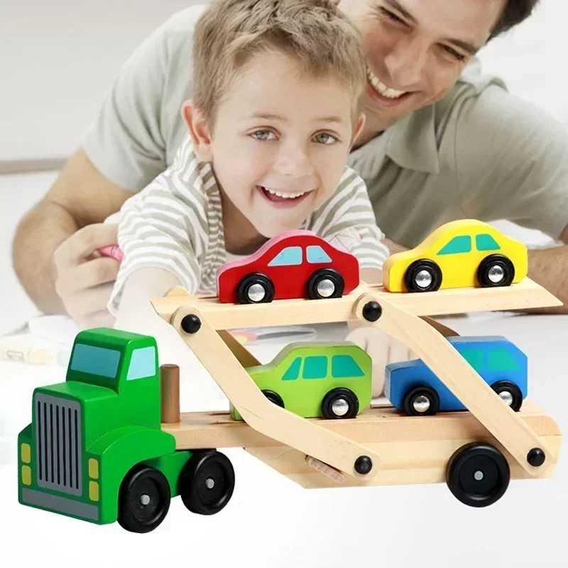 Educatieve Diecasts Grappige DIY Houten Vrachtwagen Speelgoed Dubbeldeks Trailer Automodel Vroege Kleurrijke Voertuigblokken Set Kinderen Cadeau
