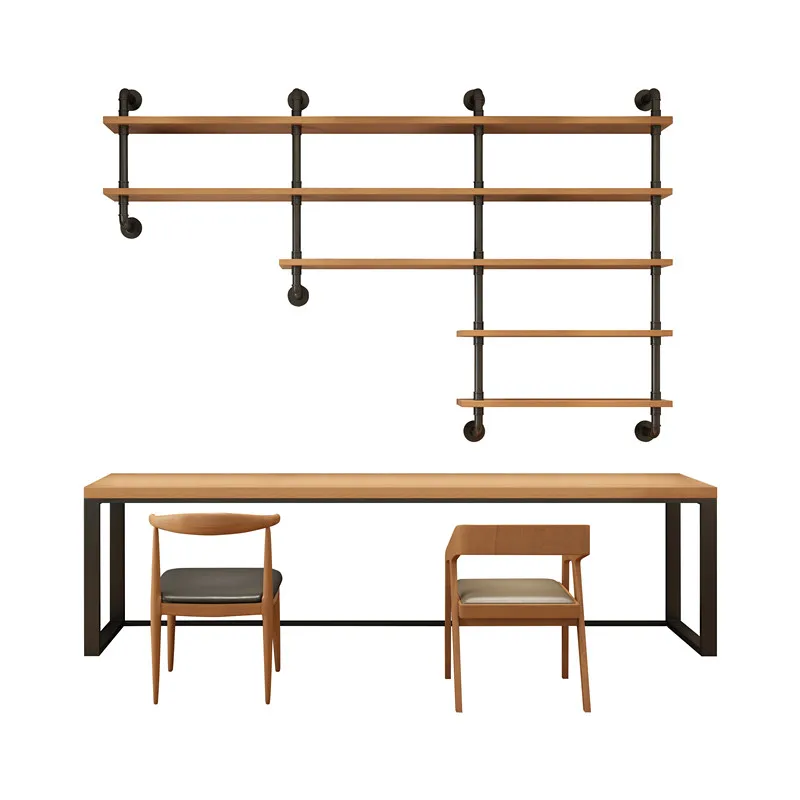 Loft water pipe desk bookshelf combination household solid wood industrial style writing learning double computer