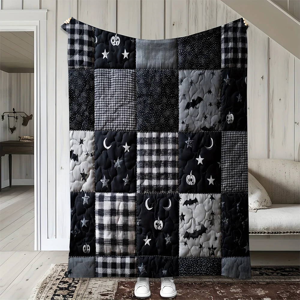 1pc  Halloween Patchwork Quilted Throw Blanket Gothic Spooky Season Home Decor