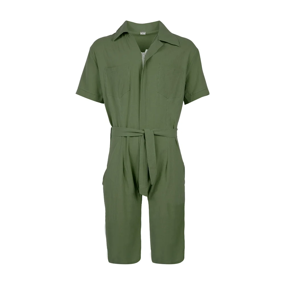 Douhoow Men\'s Jumpsuit Solid Zipper Pockets Rompers Summer Short Sleeve Overalls Men Lapel Rompers Lounge Sleepwear with Belt