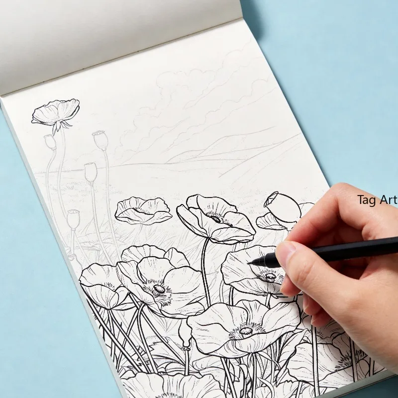 A Hand Drawn Coloring Exercise Book for Adult Healing and Stress Relief, with Themes Such As Flowers, Street Scenes, and Animals