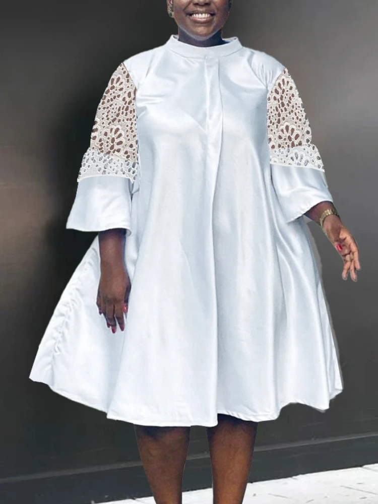 

Aomei White Casual Satin Dress For Women Summer Lace Patchwork Half Sleeve Cozy Modest Elegant African Female Office Work New