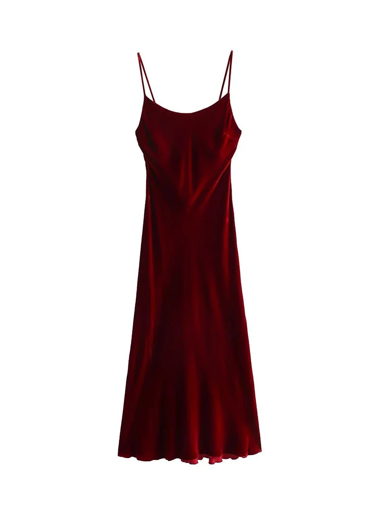 

Women Red Velvet Camisole Dress Sleeveless Backless Midi A-line Dresses