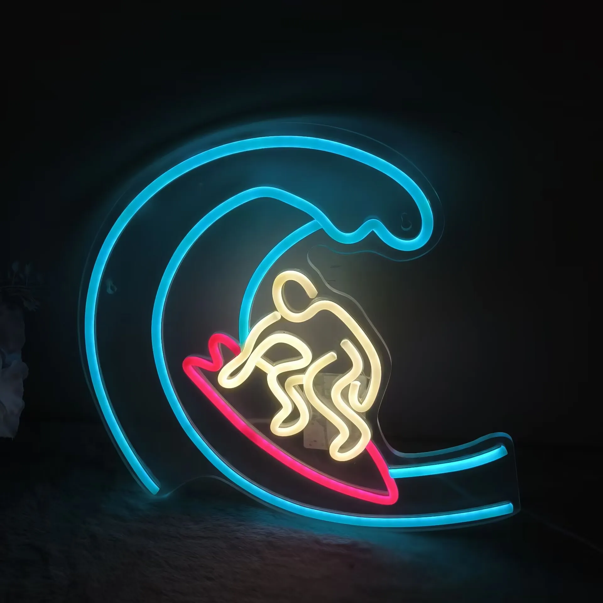 SUSB Dimmable Surfing Neon Sign with Wave and Surfer Design Blue Yellow Red LED Light for Beach Bar Bedroom Wall Decor Gift