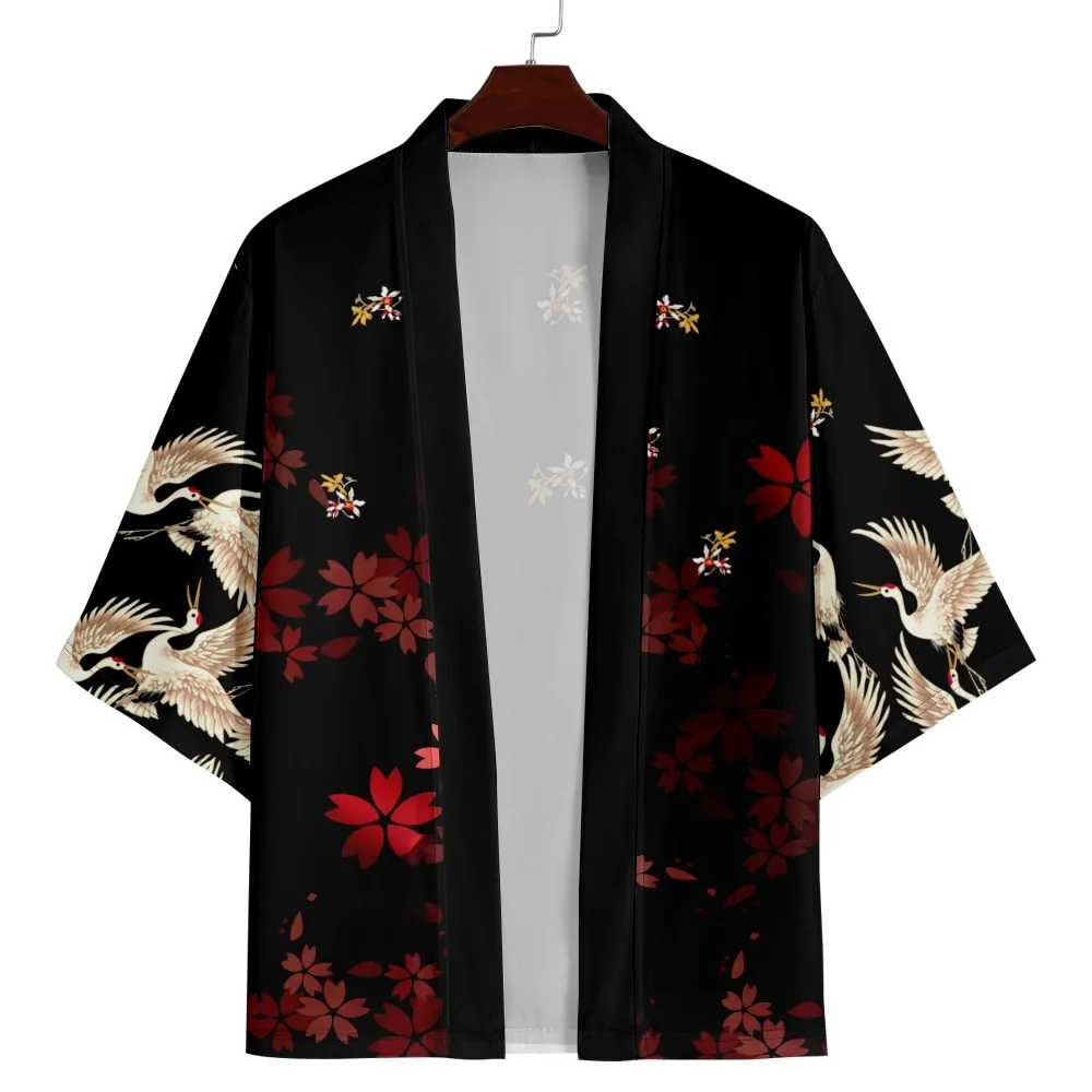 

Женский кардиган с принтом журавля и вишни Haori, модная пляжная юката, японское кимоно для косплея, мужская азиатская одежда, большие размеры 6XL