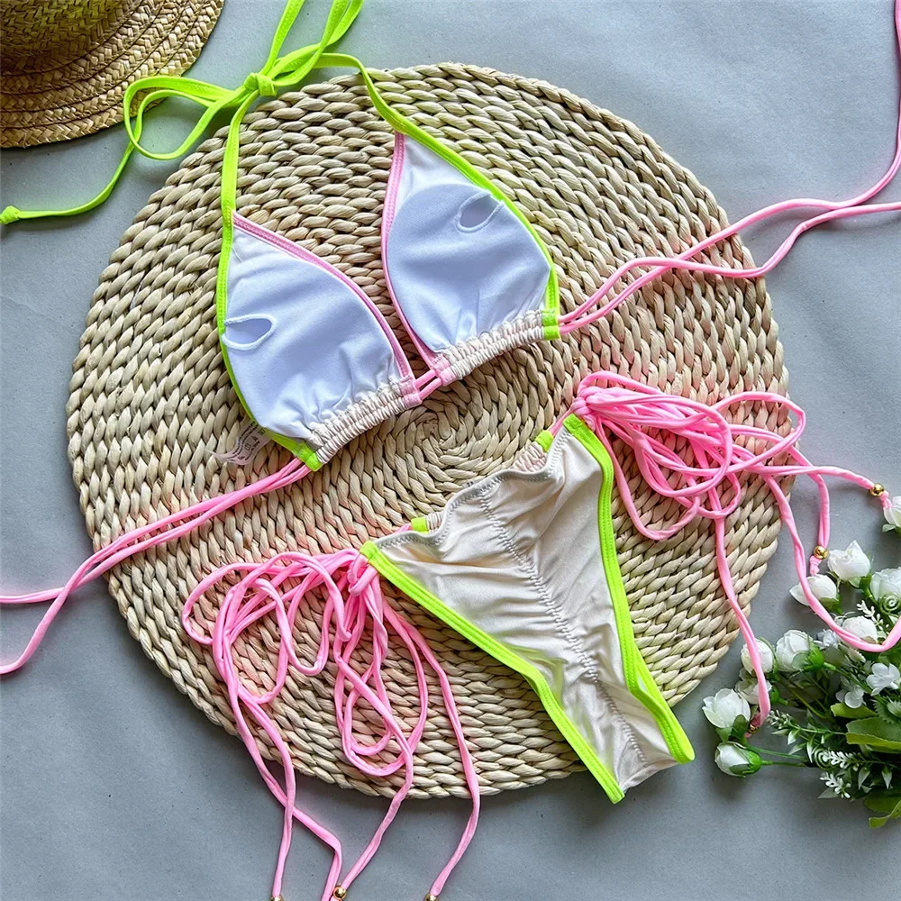 Color String Halter Triangle Micro Bikini Thong Set Sexy Swimsuit Women Patchwork Swimwear Bathing Suit Mini Bikinis 2024 Mujer