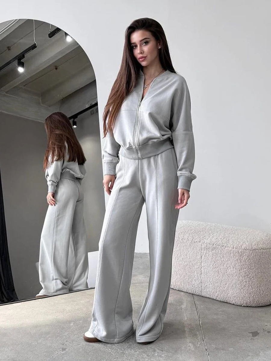 Spring Solid Drawstring Pants Sets Women Zipper Long Sleeve Outerwear+Straight Trouser Suits Casual Fashion Sport Two Piece Set