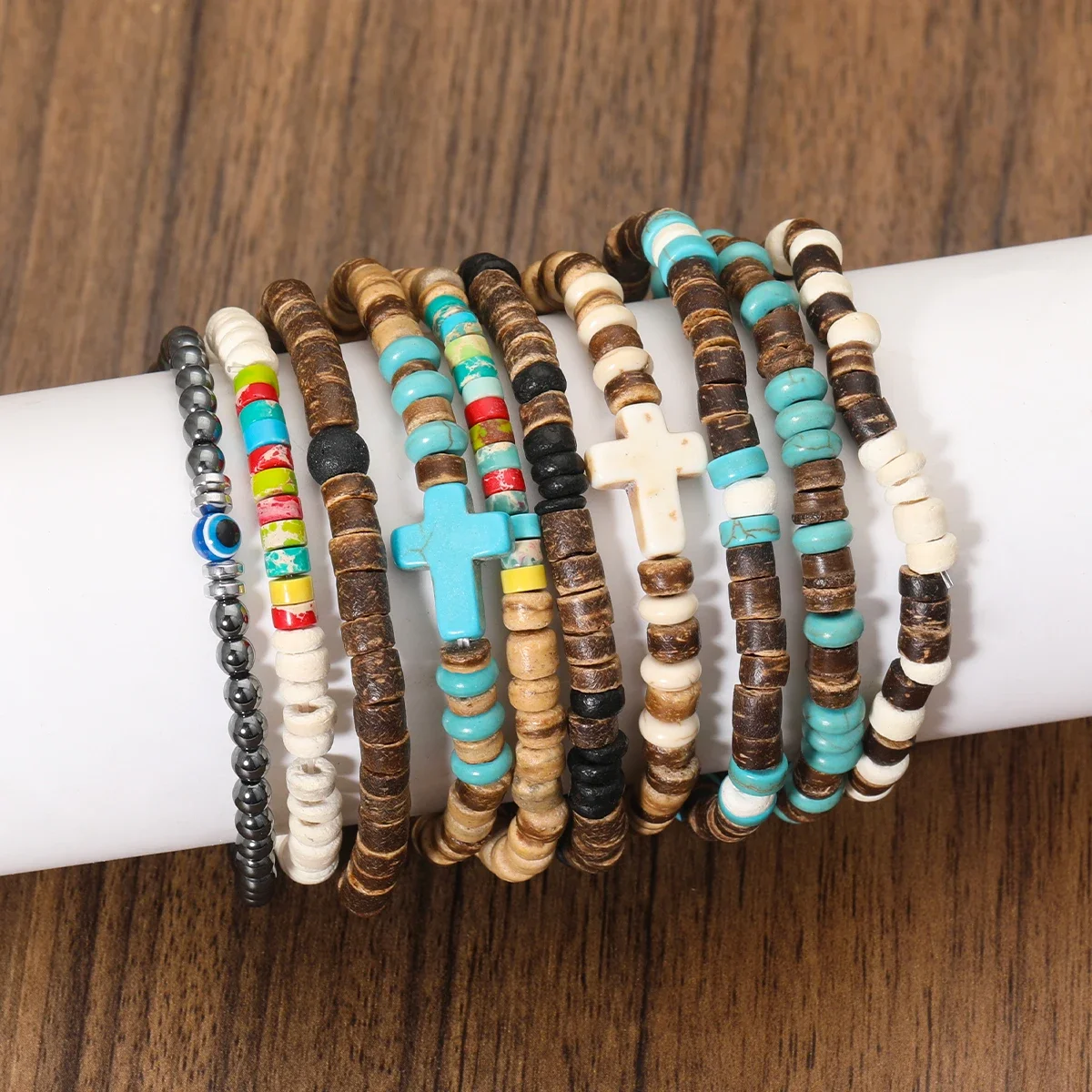 Turquoise Stone Wood Beads Bracelet Stackable Elastic Bracelet For Men and Women Retro Boho Vacation Jewelry 1pcs view 4