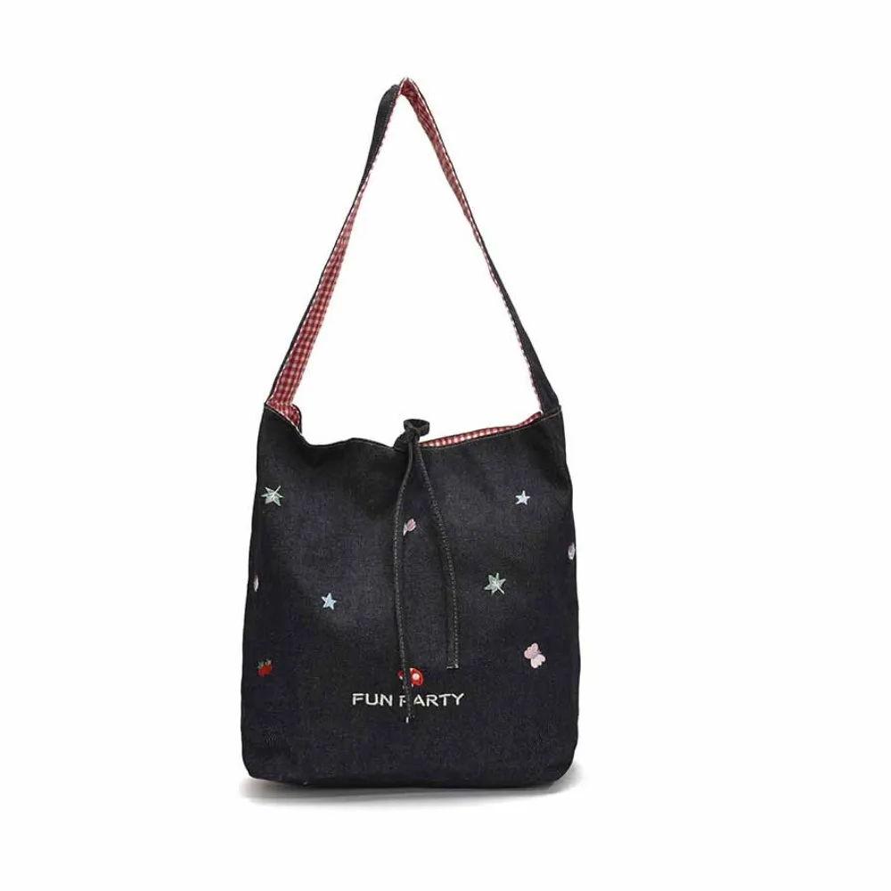 

Portable Cloth Double Sided Plaid Bag Korean Style Cartoon Dog Denim Shoulder Bag Retro Geometric Bohemian Messenger Bag Travel
