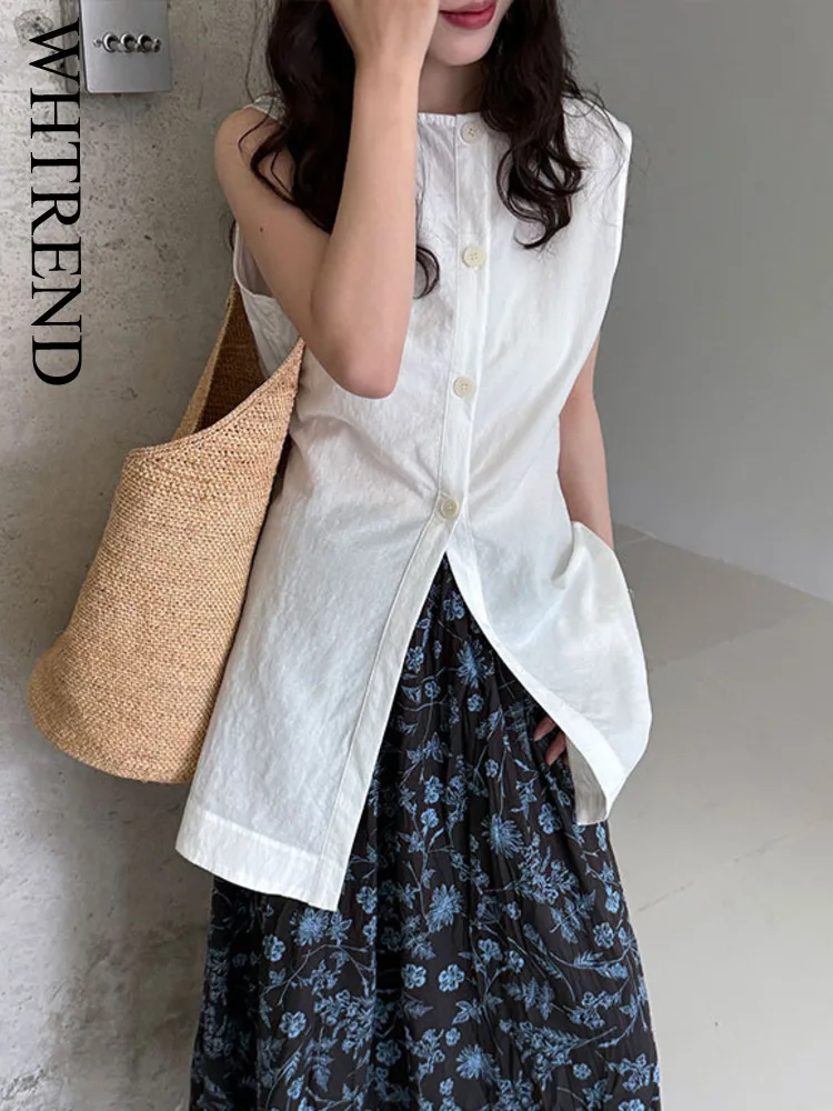

WHTREND French Style Linen Two-Way Wear Women's Summer New Elegant Loose Sleeveless Shirt Top WH1818