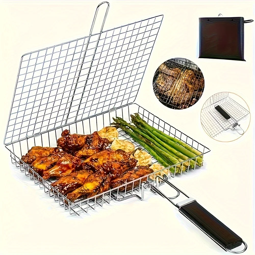 

1pc, Stainless Steel Grill Basket With Handle, Heavy Duty BBQ Grilling Basket For Meats, Steaks, Shrimp, Vegetables, Ribs | Rust