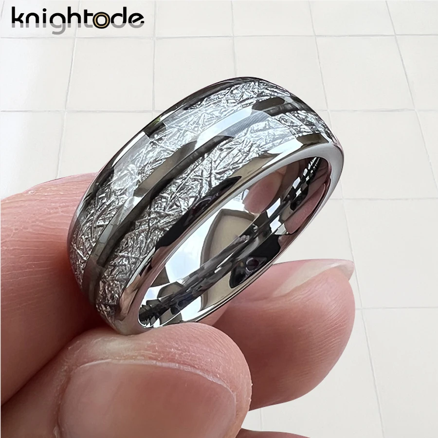 8mm Tungsten Carbide Wedding Band White Meteorite Double Grooves Inlay Anniversary Ring Polished Dome Comfort Fit