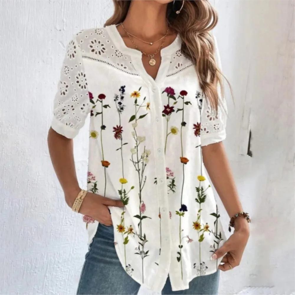 Leisure Flower Printed Cardigan Hollowed Out Blouses 2024 New Fashion Lapel Short Sleeved Shirt Women's Top Camicette Femme