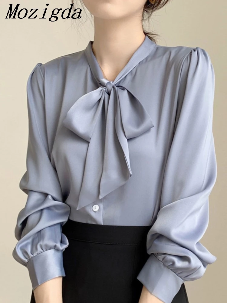 

Весенне-летняя синяя шифоновая блузка с бантом, женская рубашка с длинным рукавом и завязкой на шее, минималистичные офисные женские рубашки, топы, Roupas Feminina