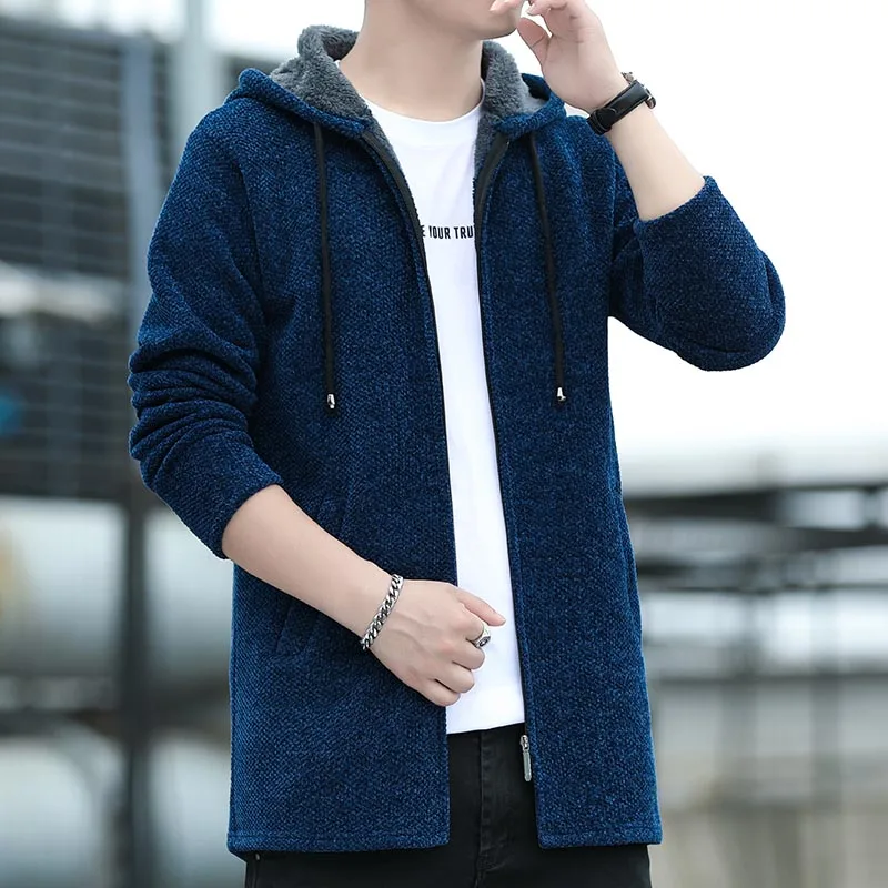 Mens Long Cardigan Thick Fleeced Knit Jackets Solid Color Hooded Sweater Coat Autumn Winter Padded Clothes