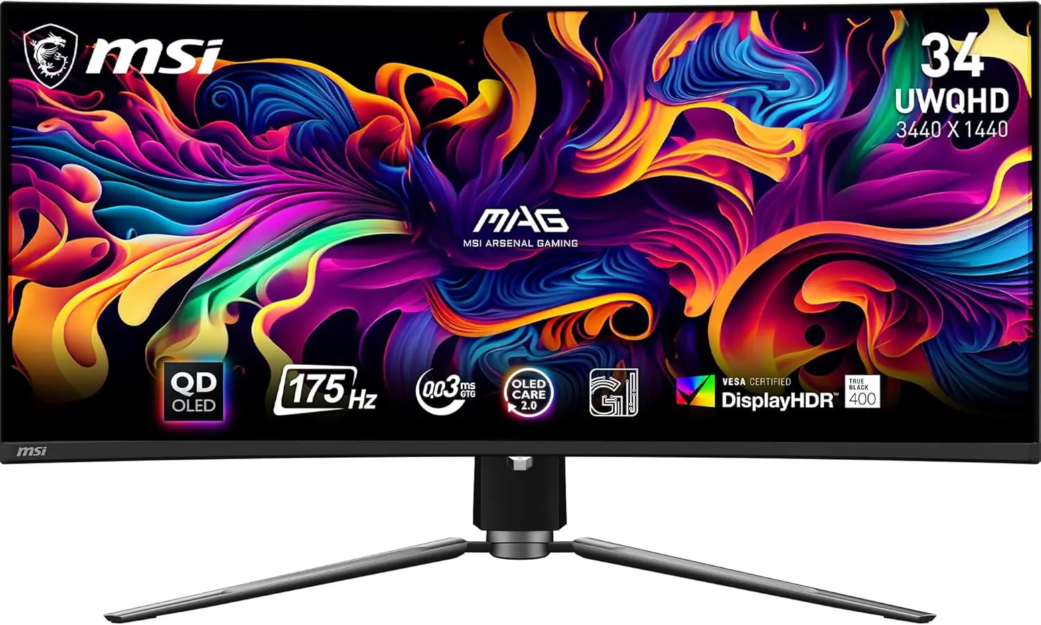 MSI MAG341CQPX QD-OLED, 34 Curved OLED Gaming Monitor, 3440 x 1440 (UWQHD), OLED 0.03ms Response time, 175Hz,  HDR 400, HDMI, DP