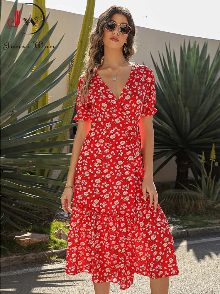 Vestido de verano de gasa con estampado Floral para mujer, vestido largo informal de manga corta con abertura y escote en V, estilo bohemio para playa