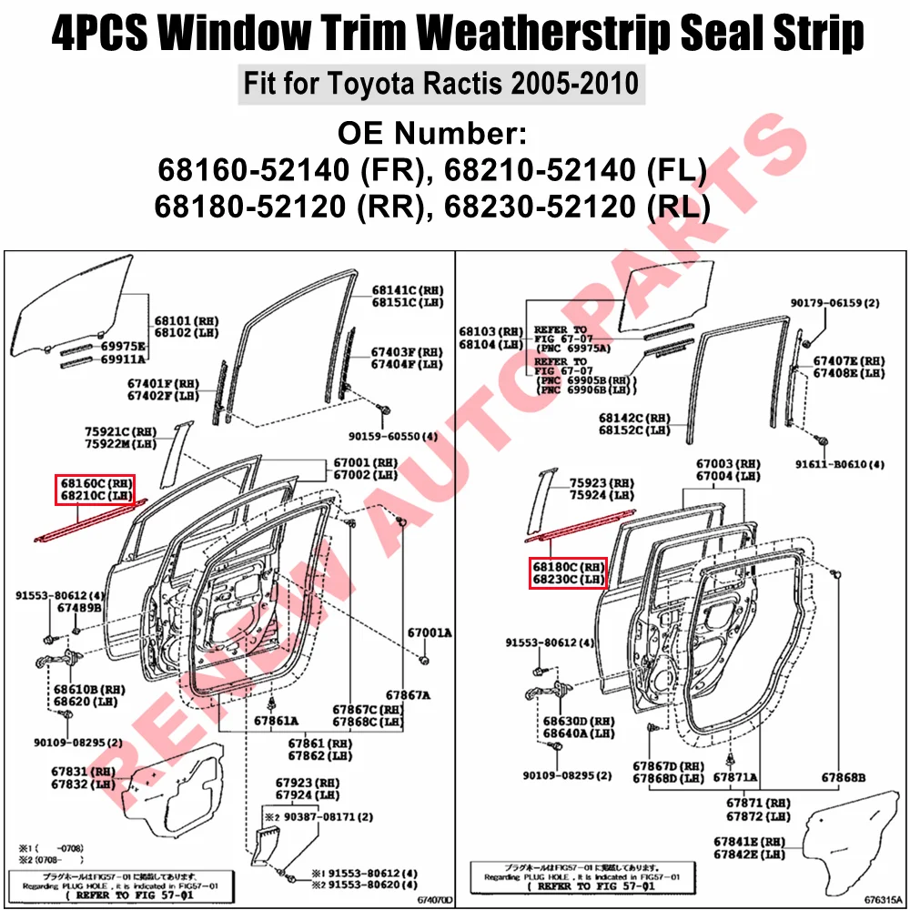 Car Window Weatherstrip Glass Seal Belt Trim Outer Molding Kit for Toyota Ractis 2005-2010 Replace for 6816052140 6818052120