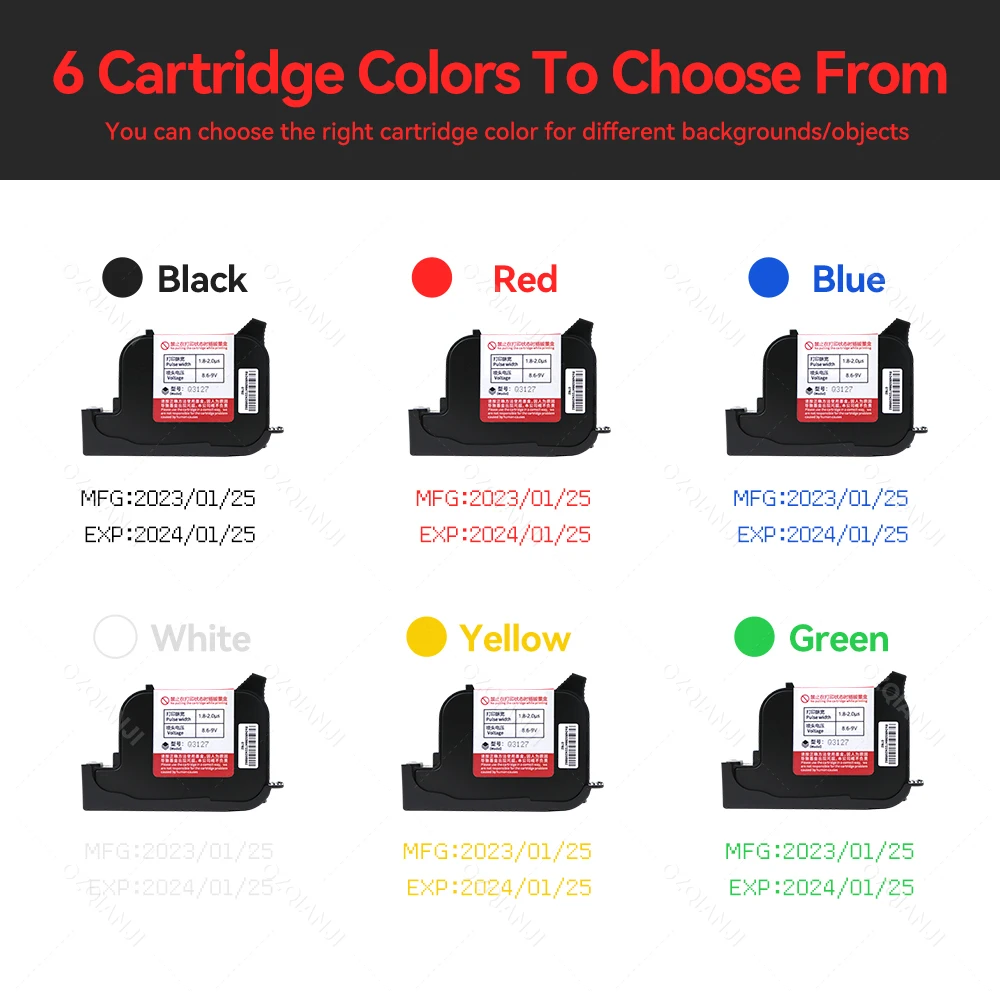 Color Ink Cartridge for 25.4mm Portable Inkjet Printer Fast Drying Black Red Yellow Blue Green White Water-proof Solvent Ink