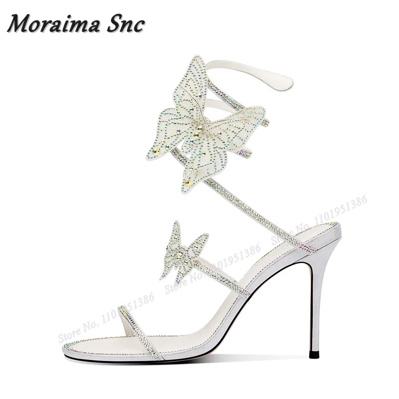 Moraima Snc Crystal Twine Butterfly Sandals Shoes for Women Open Toe Slip on Stilettos High Heels Cut Out Wedding Shoes on Heels