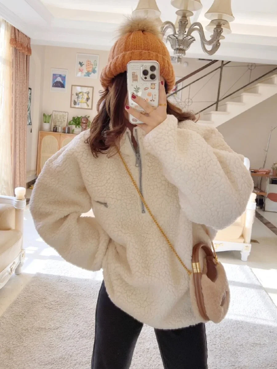 Retro Hong Kong Sle Loose Fit Casual f Zipper Felpa con cappuccio da donna Autunno Inverno Thi Calda pelliccia di agnello Jaet Pendolarismo Sle Pure...