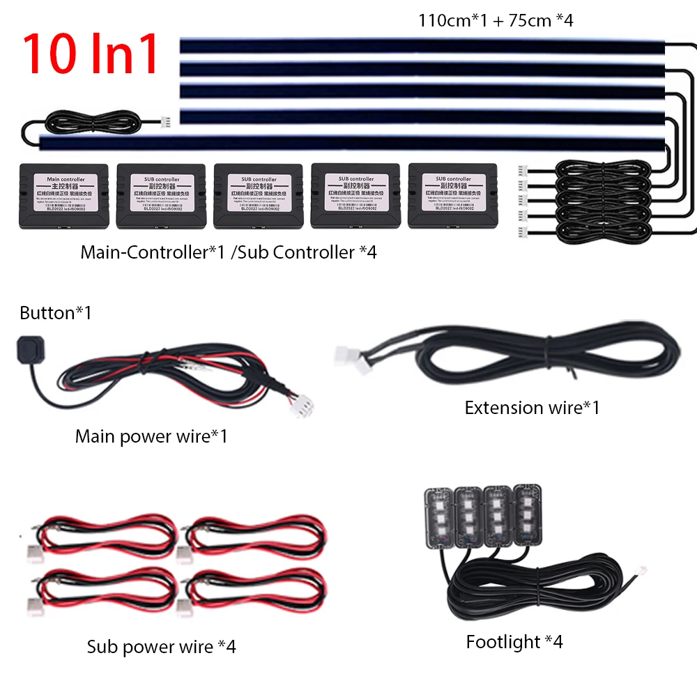 18 in 1 Umgebungslicht für den Innenraum des Autos, 64 Farben, atmen Sie die Armaturenbrett-Türdekoration, LED-Streifenlichter, RGB, Bluetooth, App-Steuerung, 12 V