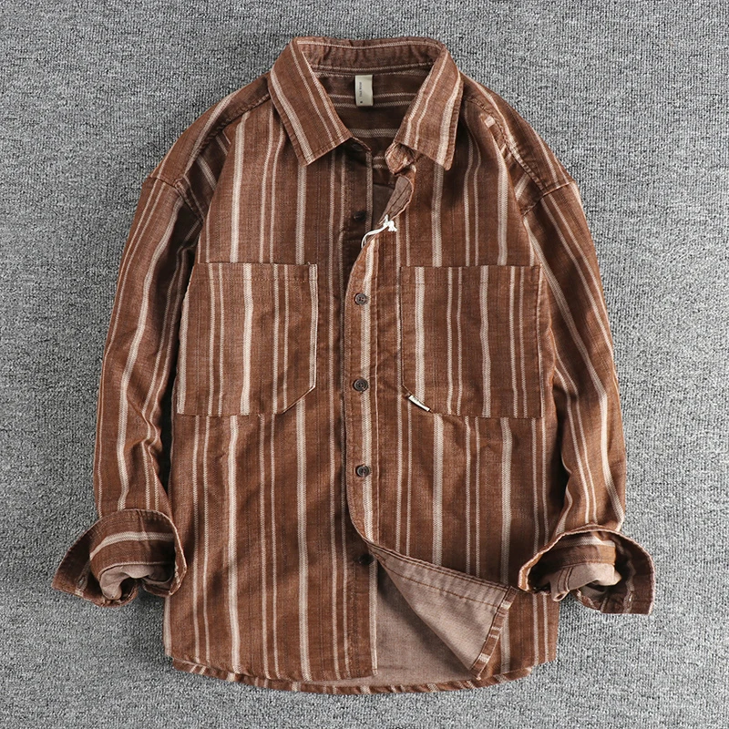 

2025 Spring And Autumn New American Retro Stripe Long-Sleeve Lapel Shirt Men's Simple Fashion Washed Multi-pocket Casual Blouses