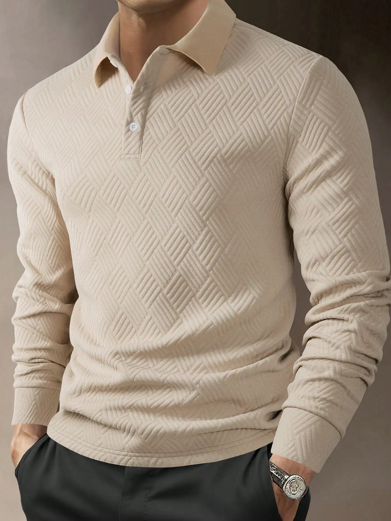 

Men's Beige Textured Diamond Pattern Long Sleeve Polo Shirt, Casual Business Wear