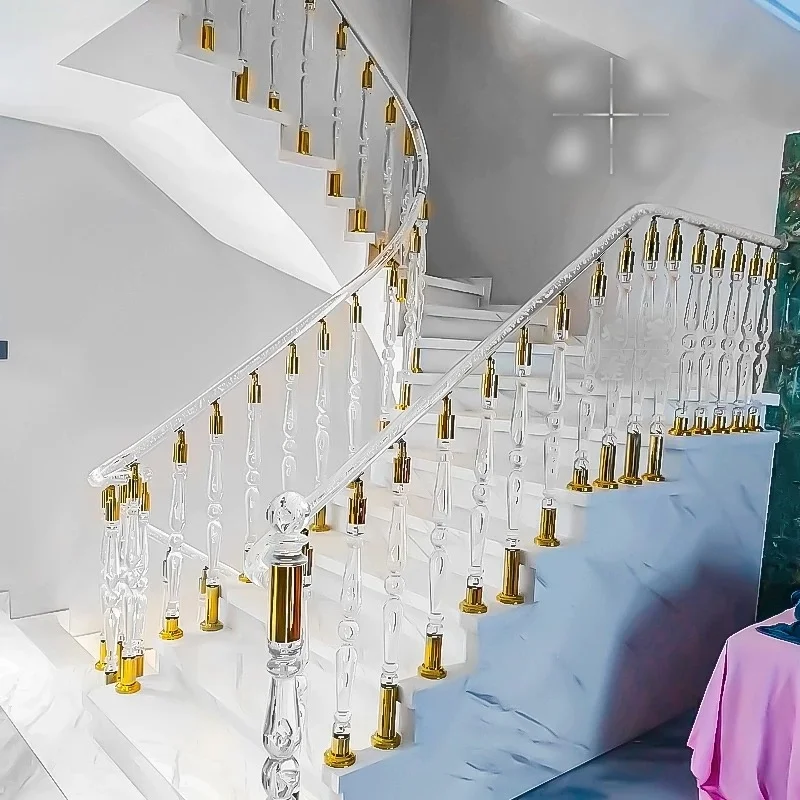 Luxurious crystal staircase handrails, light luxury modern villa hotel bay windows, high-end duplex crystal column guardrails