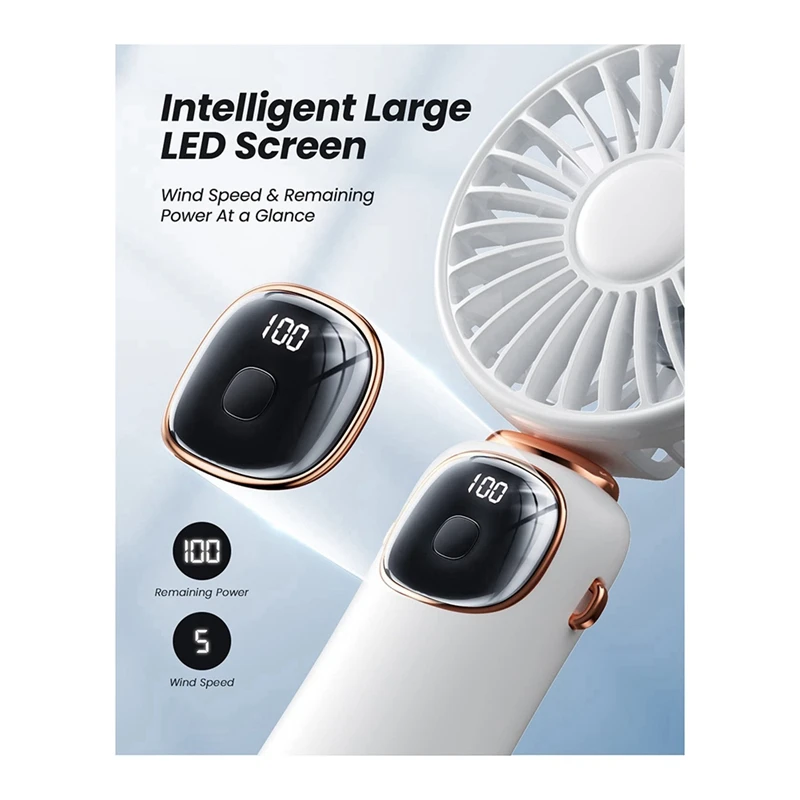 Portable Handheld Fan, 4000Mah Neck Fan With LED Display, Foldable Desk Fan With Base, 5 Speed Fan For Women