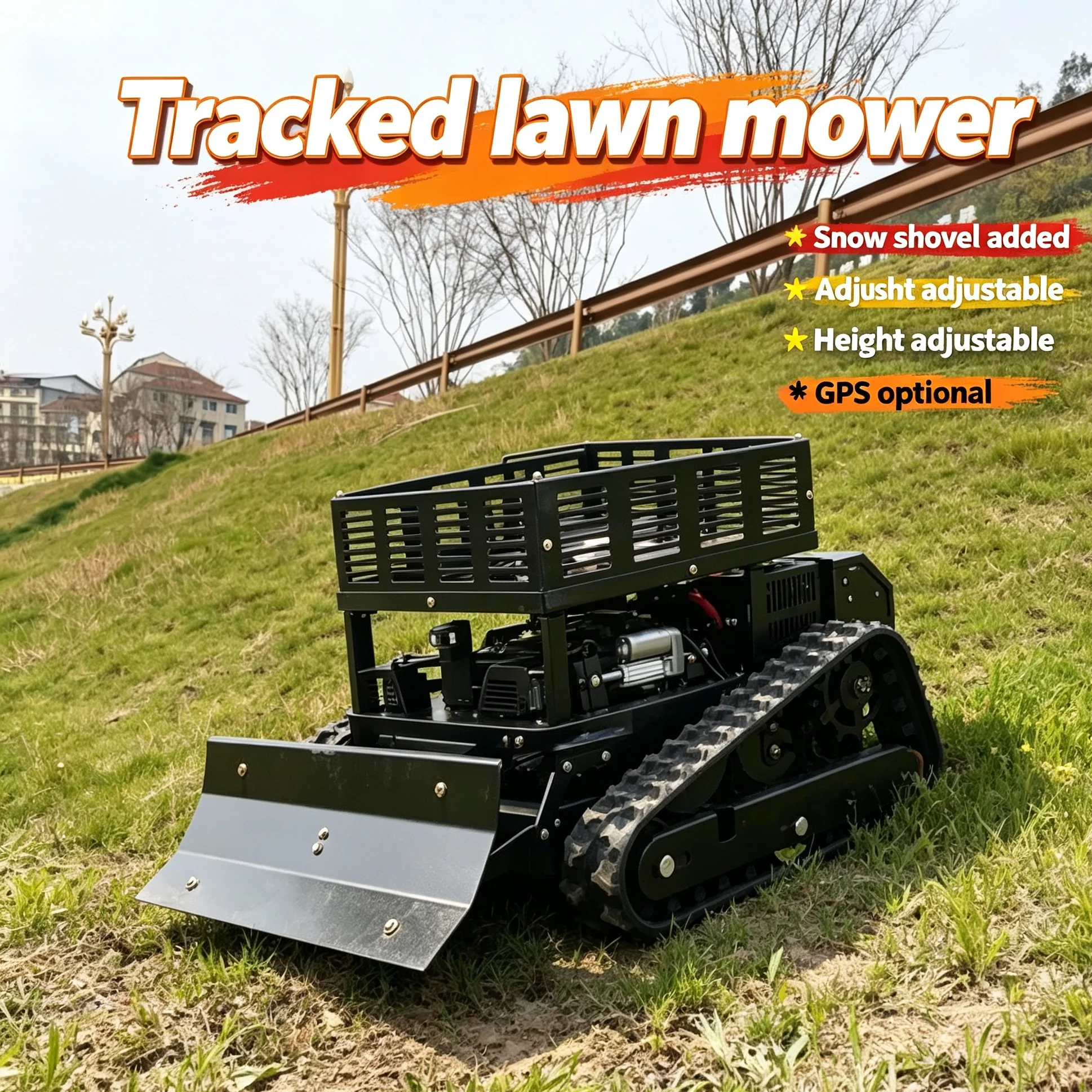 Customized crawler lawn mower equipped with storage rack,4-stroke  power keeps stable cutting effect with standard 550mm