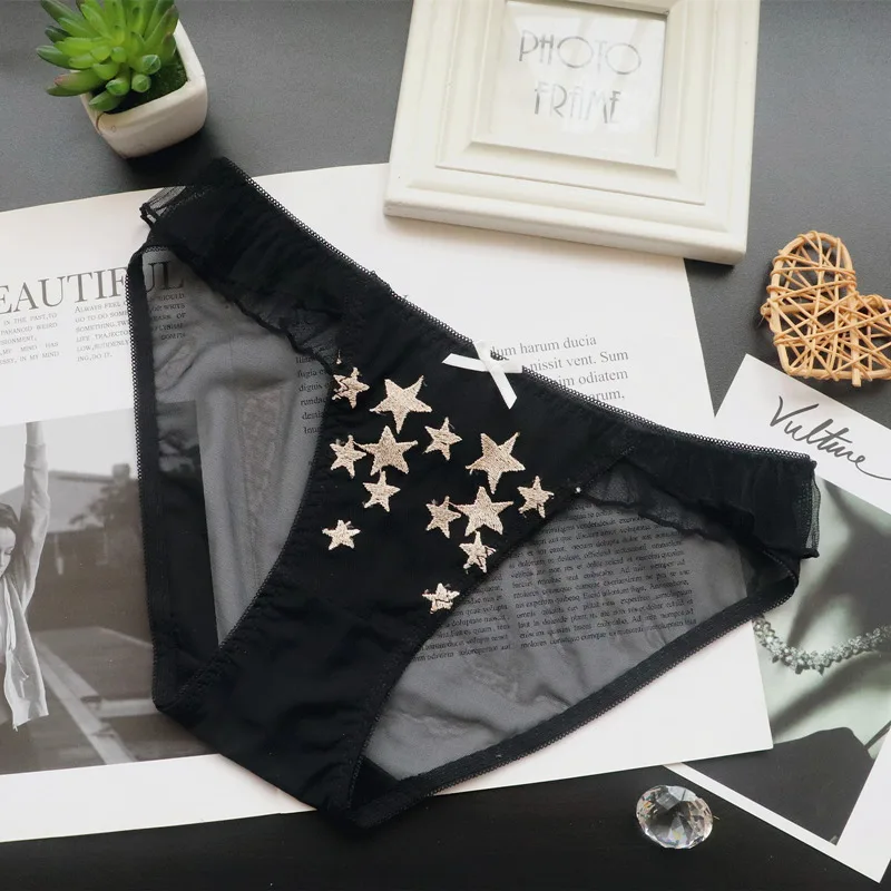 Star Embroidered Lace Mesh Sexy Ladies Low Waist Panties Breathable Briefs Fashion Perspective Bow New Style Women Underwear