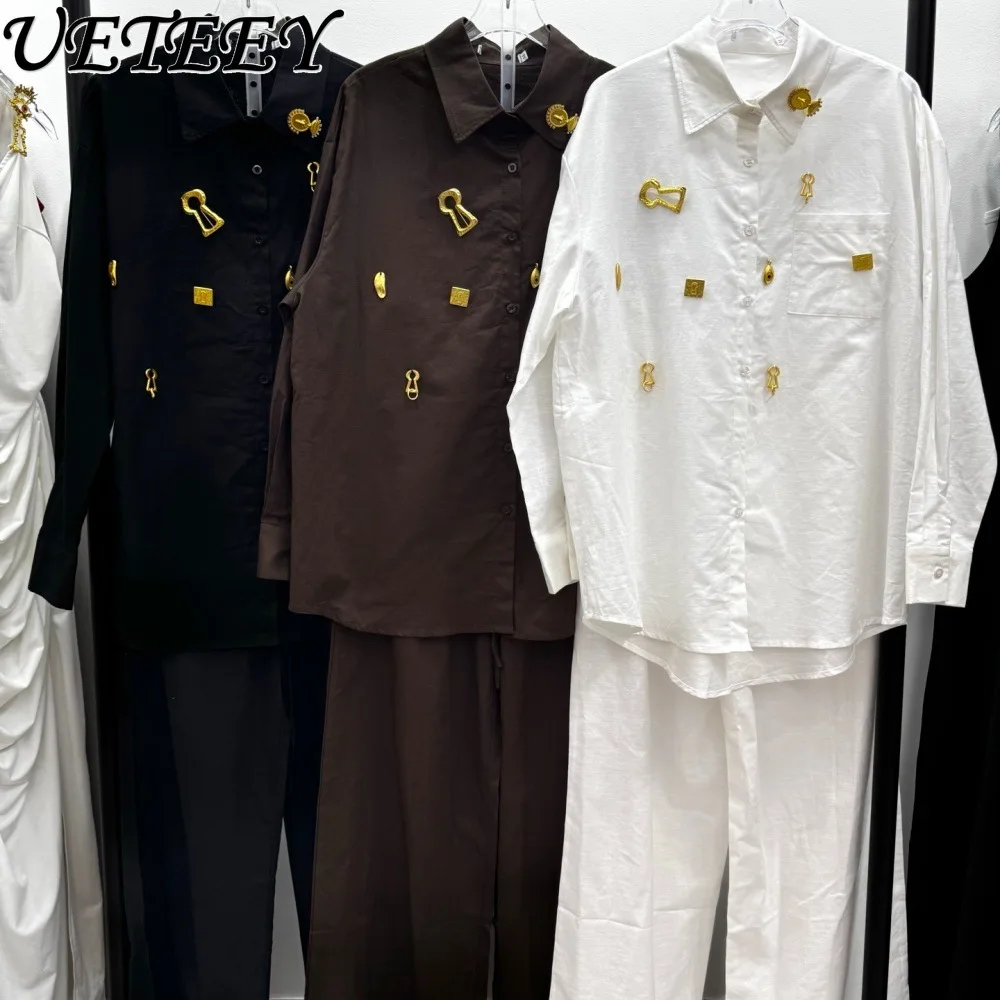 

2026 Spring Autumn New Suit Casual Versatile Comfortable Long Sleeve Shirt Fashion Metal Buckle Top and Long Pants Two-piece Set
