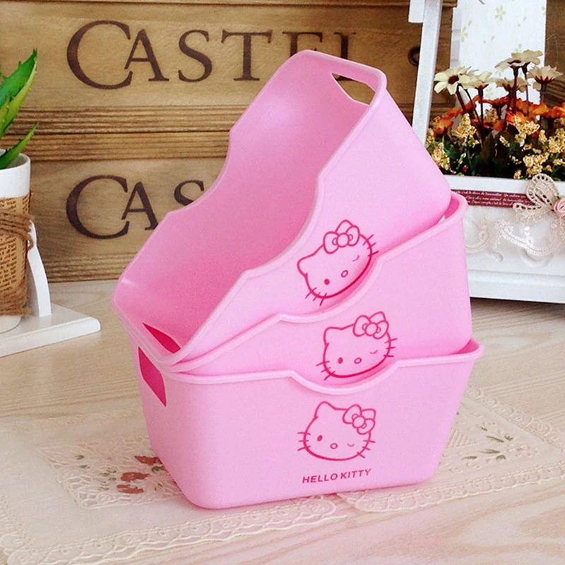 Anime Sanrio Hello Kitty Desktop Storage Box Cute Cartoon Cosmetic Storage Basket Pink Rectangle Organizer Girls Jewelry Box