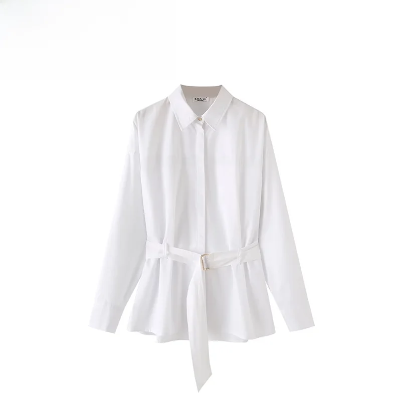 

ZAB Autumn New Women's Cotton antung Hunting Sle irt with Belt Long Sve Street Sle Pure Color Polyester Fiber