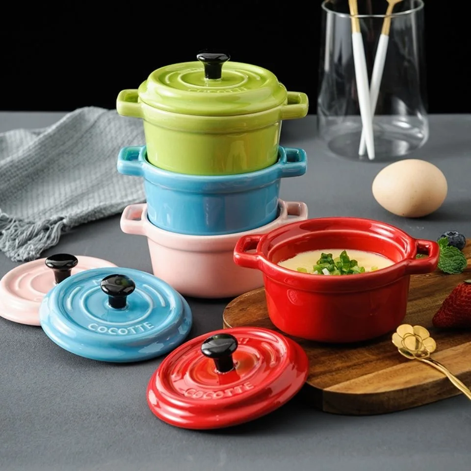 Ceramic Breakfast Bowl Ramekins with Lids,Oven Safe,Creme Brlee, Mini Casserole,Souffle,Cover and Handle for French Onion Soup