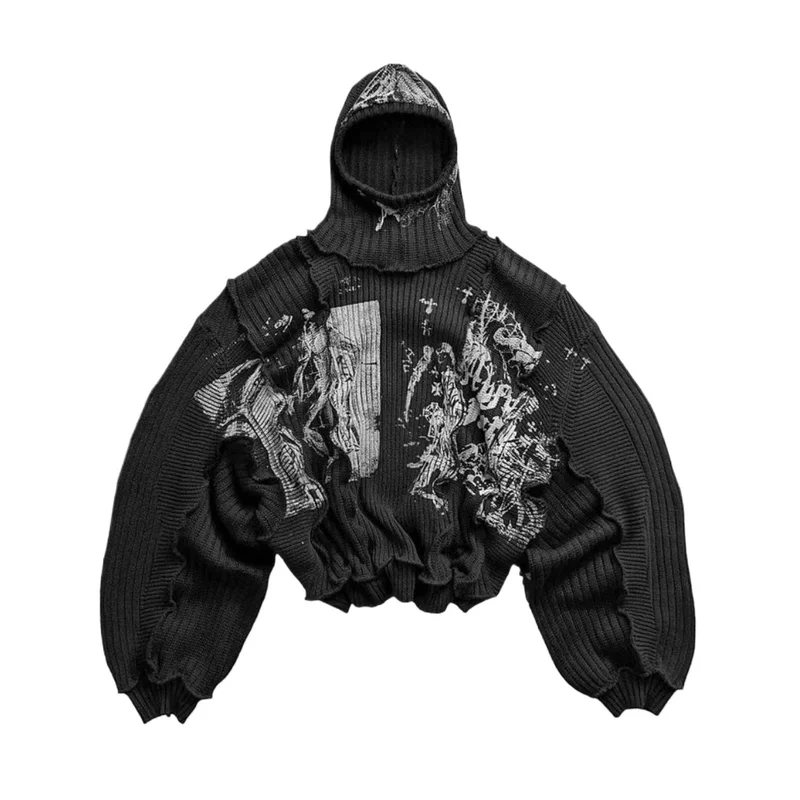 

Men's High Street Graffiti Harajuku Sweater Streetwear Punk Style Jumper Loose Fit Vibe Y2K Knitted Tops Hooded Ripped Knitwear