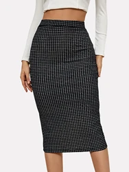 Women Fashion Plaid Printed Knee Length Skirts Casual High Waist Back Split Skirts Summer Ladies Elegant Pencil Skirts