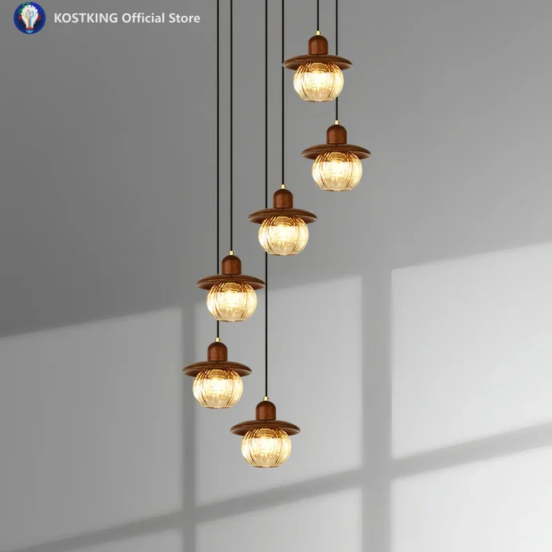 

Французская ретро лестничная люстра из массива дерева и стекла, дуплексная вилла, гостиная, лофт, квартира для декора лестницы, освещение