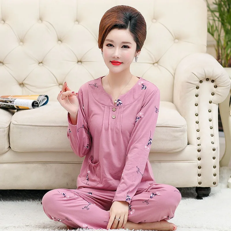 

2023 New Middle Aged Women's Pure Cotton Pajamas Long Sleeved Loungewear Spring Autumn Thin Pullover Large Size Homewear Set