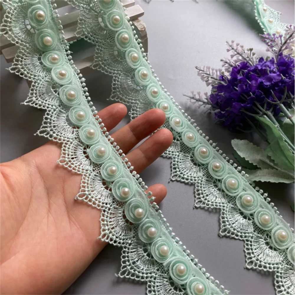 2 Yard Light Green Ribbon Plum Flowers Pearl Lace Trimmings Ribbons Beaded Lace Fabric Embroidered Sewing Wedding Dress Clothes