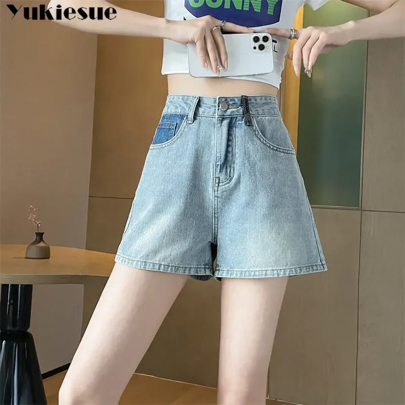 

Женские простые корейские стильные трапециевидные шорты Ulzzang с высокой талией, винтажные студенческие универсальные модные уличные однотонные обжимные шорты, джинсовые шорты