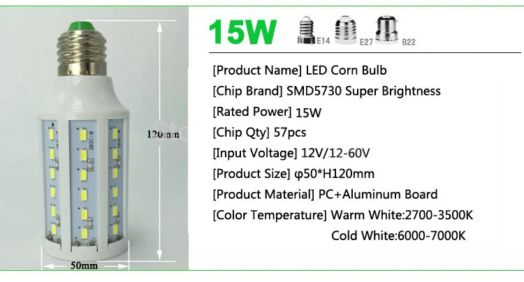 Imagem -03 - Lâmpada Conduzida do Milho 1260v 7w 10w 15w 18w 25w 30 w E27 B22 12v 24v 36v 48v 60v Smd 5730 Branco Morno Fresco 100 Pcs