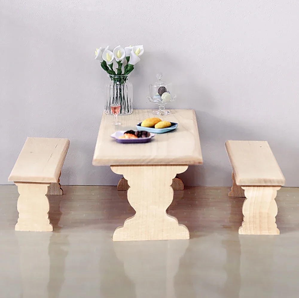 1/12 Doll House Miniature Wooden Table Chair set Simulation Dining table Model Toy for Mini Decoration Dollhouse Accessories bjd