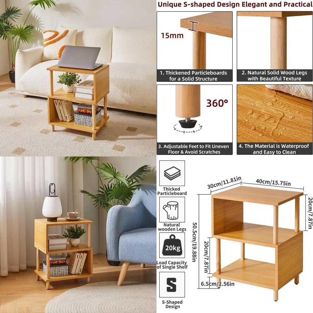 

Solid Wood 3-Tier Nightstand with Open Shelf, S-Curved Bedside Table, Natural Wood End Table YD-TM152N