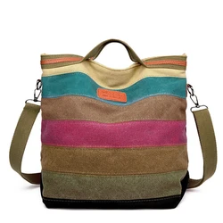 Hot Sell Dames Grote Capaciteit Canvas Handtassen Mode Dames Schoudertas Nieuwe Regenboog Strepen Patchwork Crossbody Tas