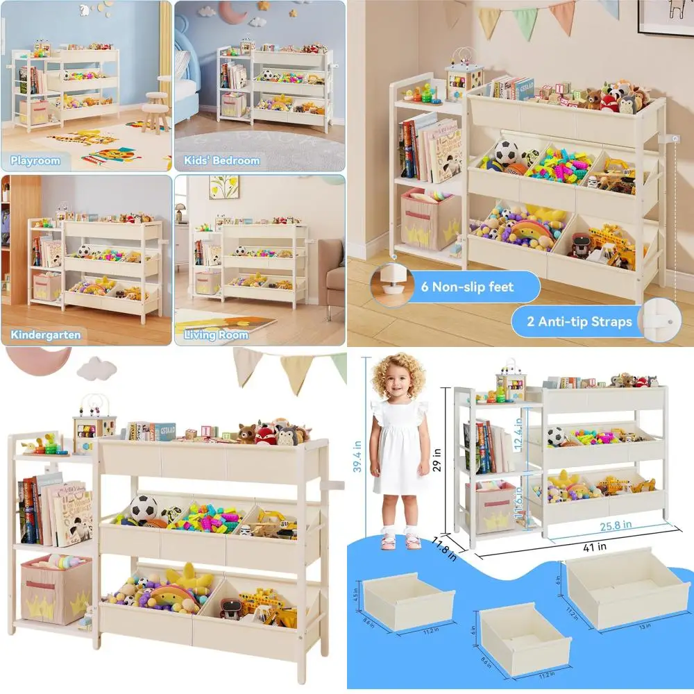 

3-Tier Wooden Kids Toy Organizer with 8 Bins, White Storage Shelf for Books and Toys in Bedroom, Playroom, and Nursery
