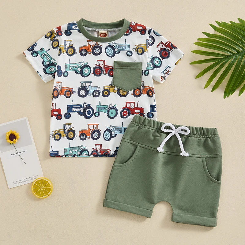 Toddler Baby Boy Farm Outfit Tractors Print Short Sleeve T-Shirt Tops and Drawstring Shorts Set 2Pcs Summer Clothes