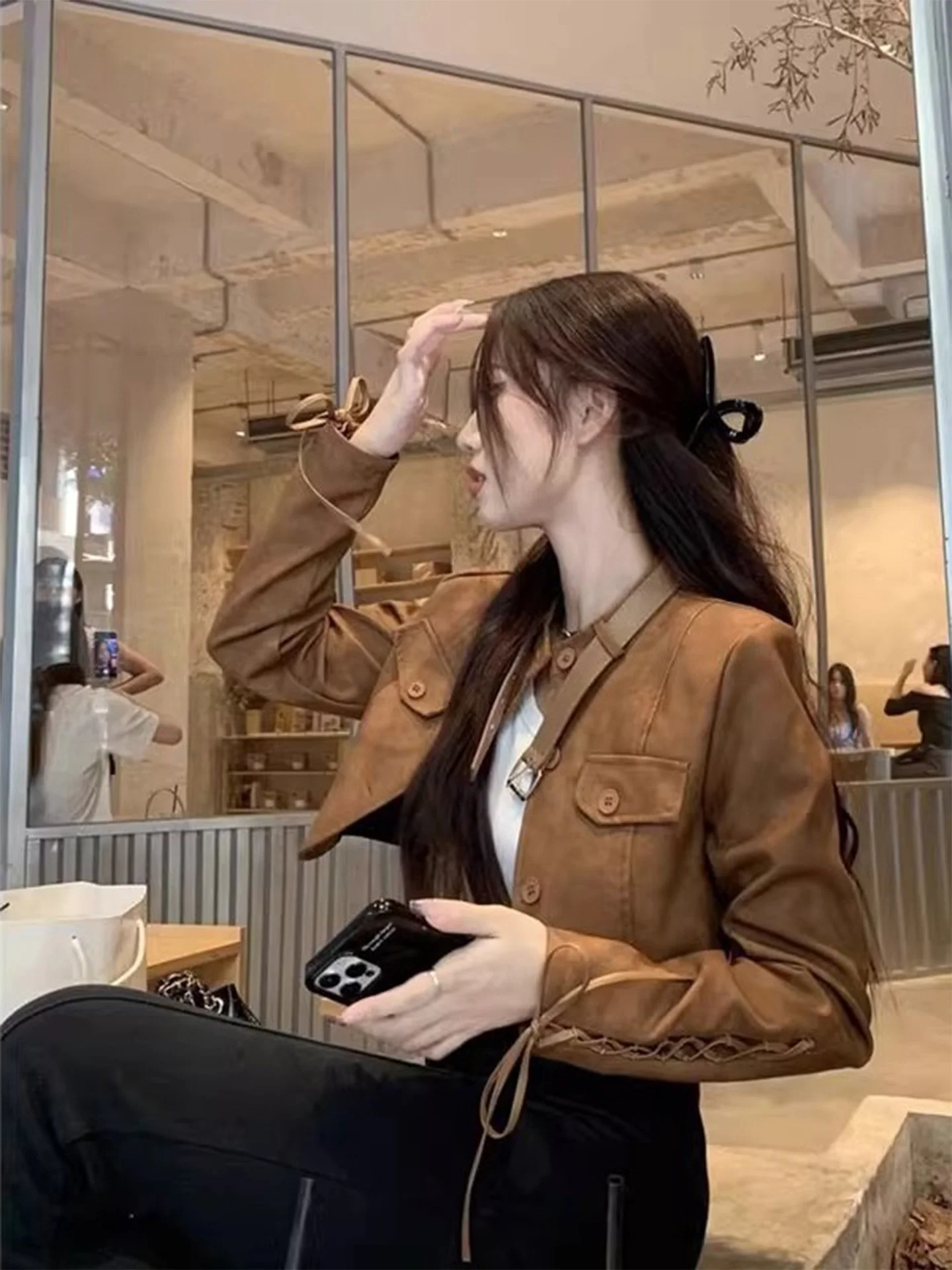 레트로 브라운 PU 가죽 자켓 여성용 모터사이클 스타일 아우터웨어 스파이시 걸 디자인 센세이션 2025 가을 신상품